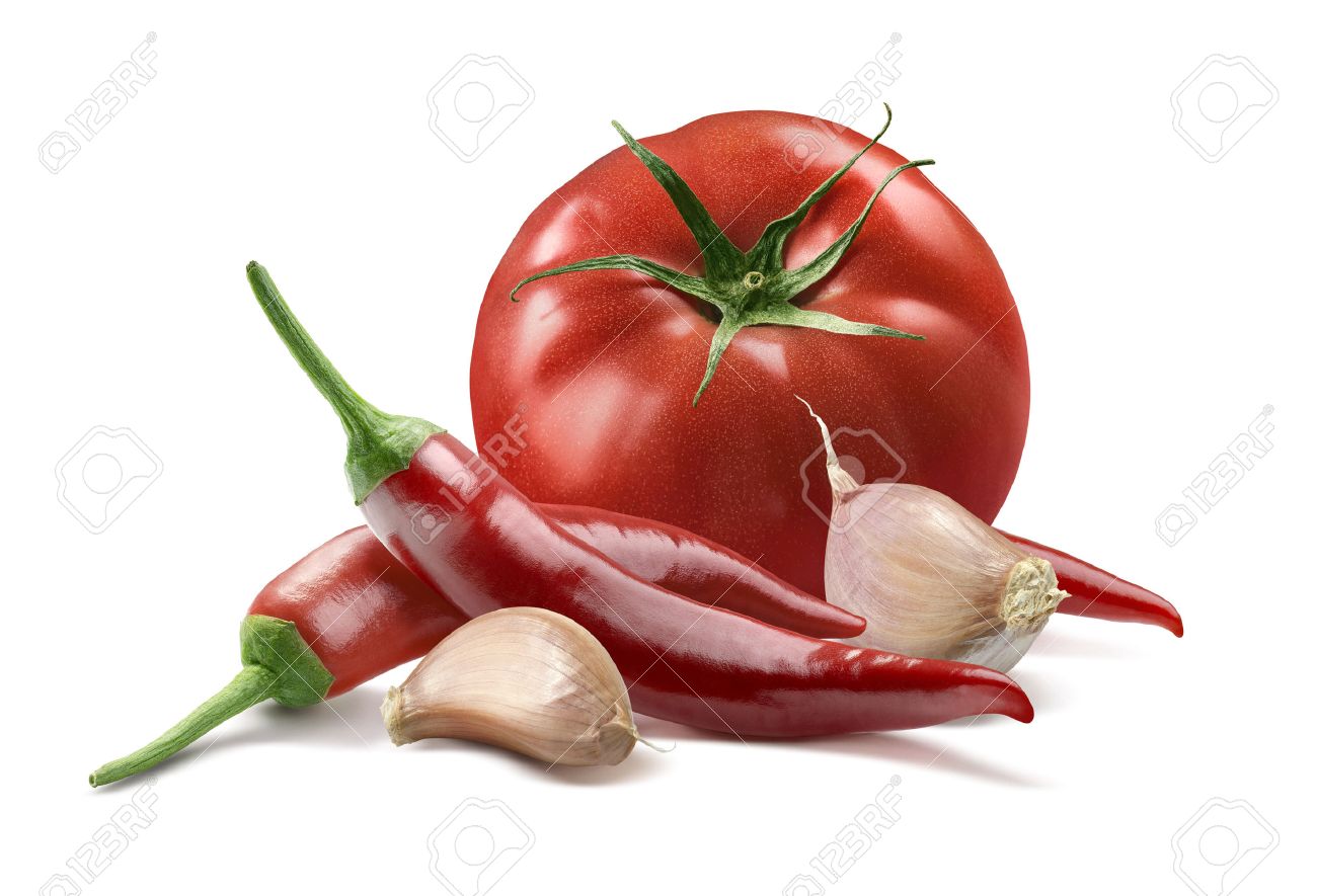 Tomato, garlic cloves, red hot chili pepper isolated on white background as package design element - 40565119 Tomato, garlic cloves, red hot chili pepper isolated on white background as package design element - 40565119