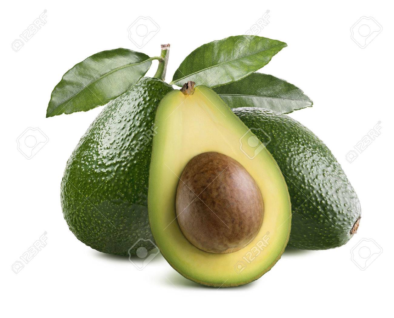Whole avocados leaves and half with seed isolated on white background as package design element - 47397555 Whole avocados leaves and half with seed isolated on white background as package design element - 47397555