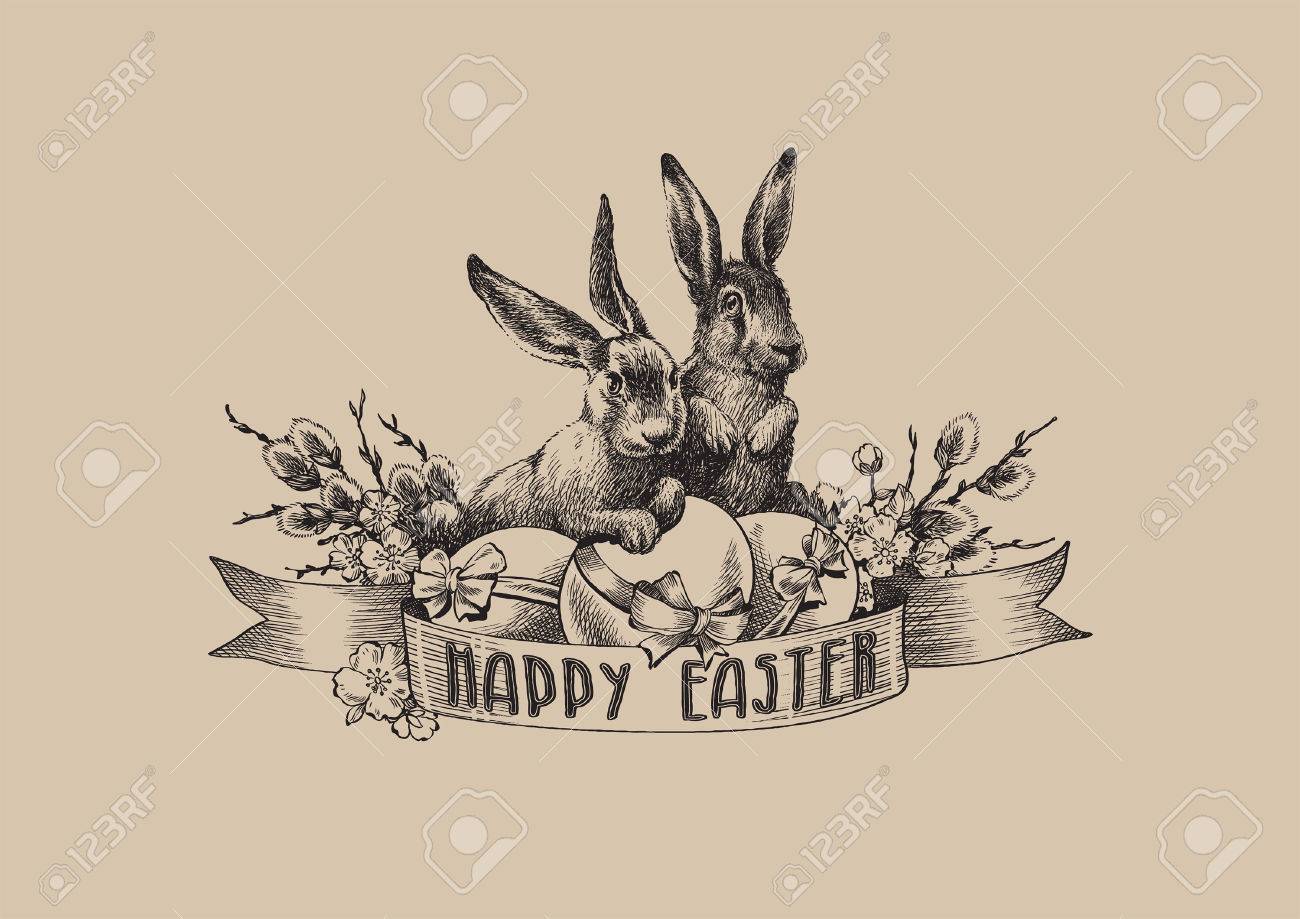 Vintage black easter bunnies willow eggs illustration - 53531026 Vintage black easter bunnies willow eggs illustration - 53531026