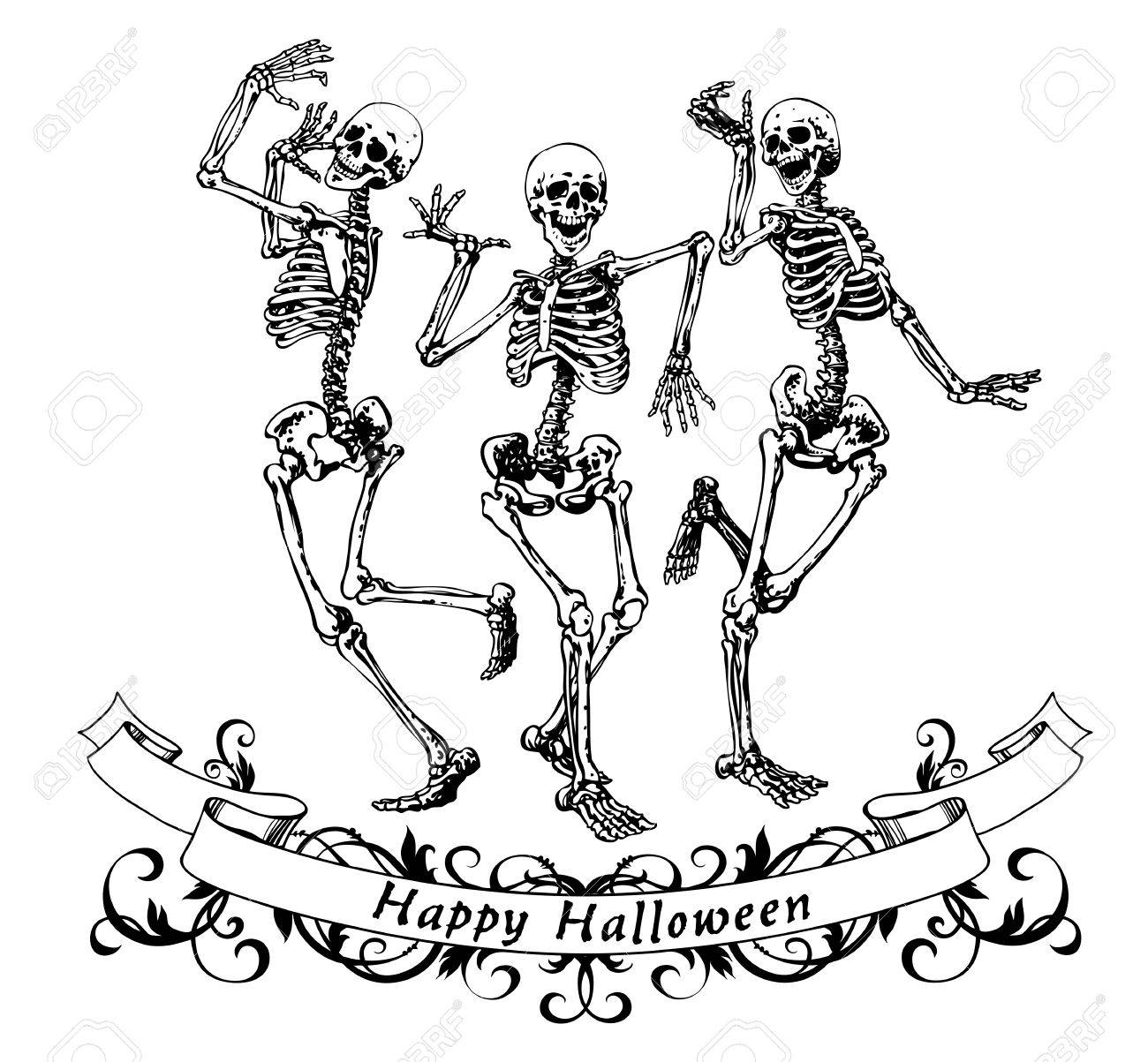 Happy halloween dancing skeletons isolated vector illustration, contour graphics for posters and banners - 63750482 Happy halloween dancing skeletons isolated vector illustration, contour graphics for posters and banners - 63750482