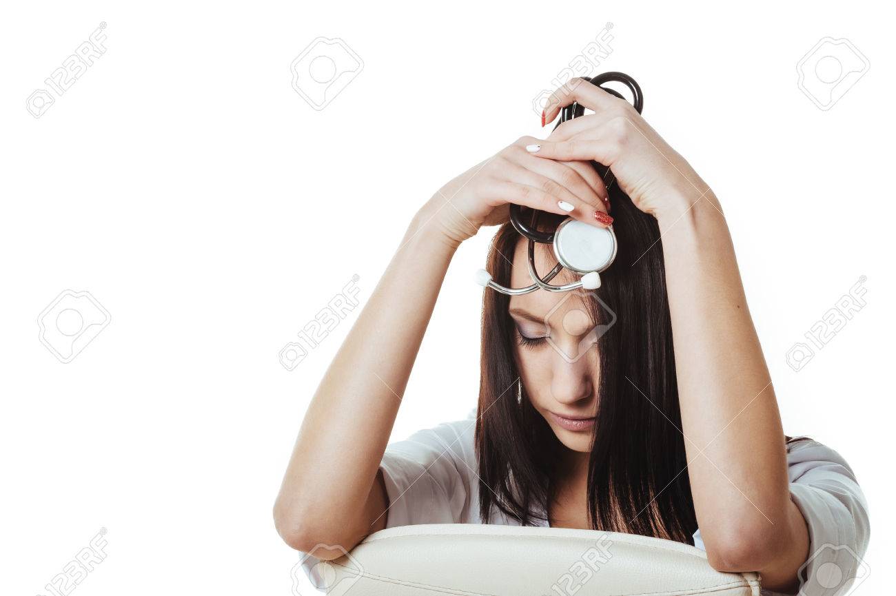Medical doctor woman with stethoscope have a problem, hold hand head stress , concept of negative emotion, headache, pain, mistake. Isolated over white background. - 38939296 Medical doctor woman with stethoscope have a problem, hold hand head stress , concept of negative emotion, headache, pain, mistake. Isolated over white background. - 38939296