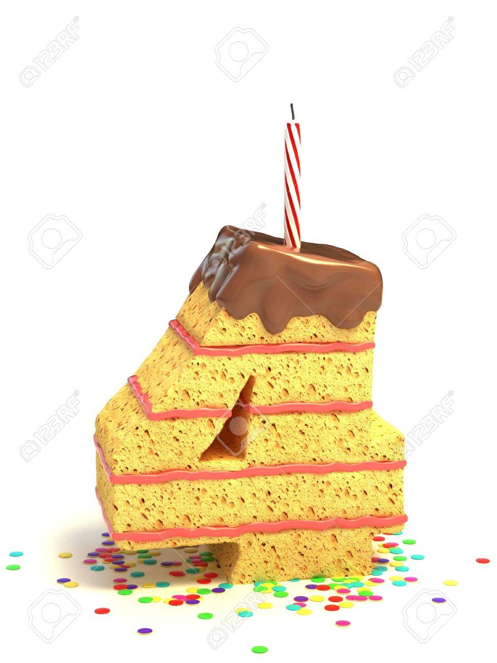 Number Four Shaped Chocolate Birthday Cake With Lit Candle And Confetti Stock Photo Picture And Royalty Free Image Image