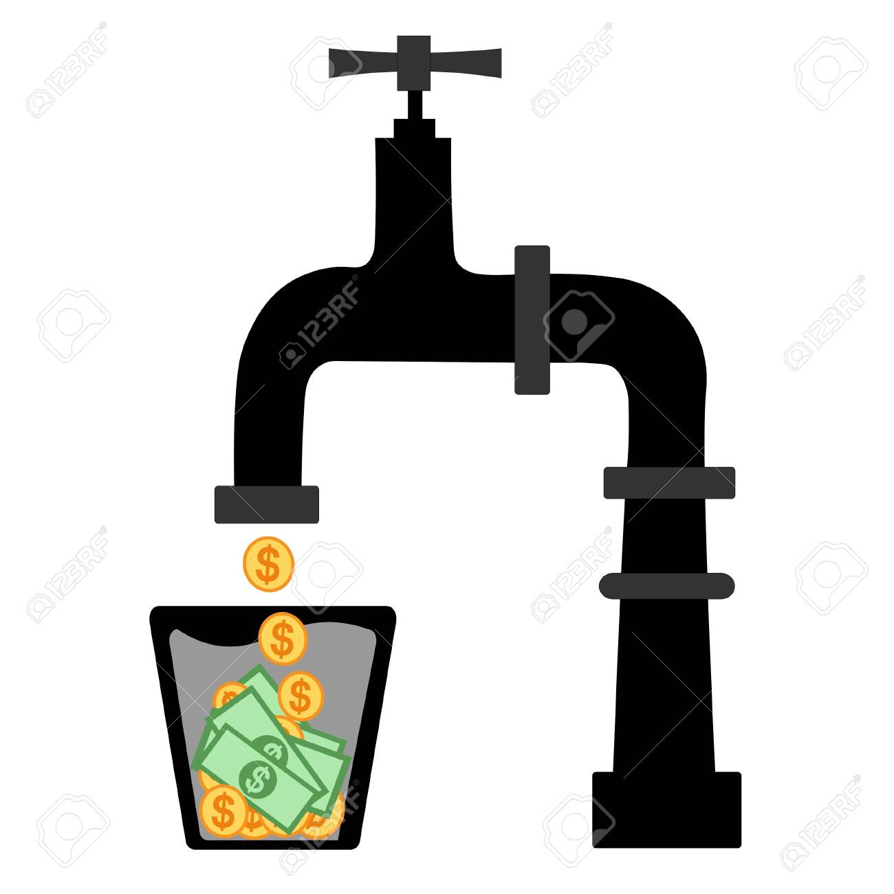 キャッシュフローベクトルイラストコンセプト水道の蛇口から流れる現金コインを表示します。ランディングページ、UI、Web、アプリの紹介カード、編集、チラシ、バナーに適しています。フラットベクトルイラスト。のイラスト素材・ベクター  Image 150142846