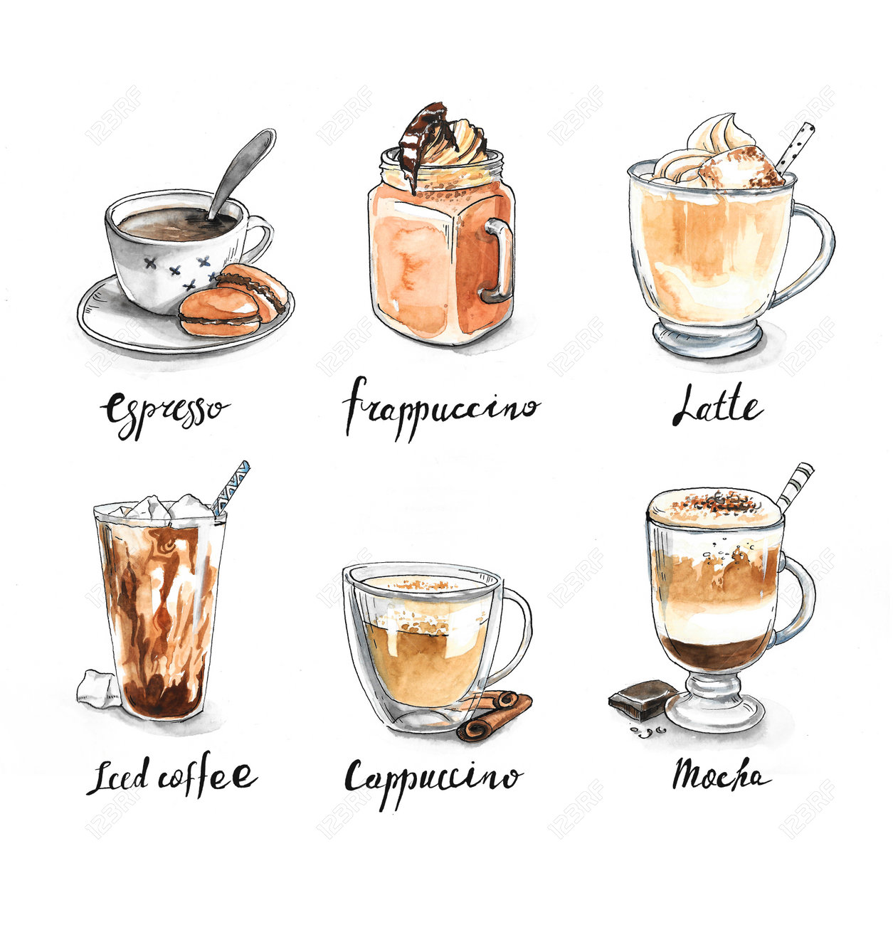 Collection Of Different Coffee Espresso Frappuccino Latte Iced Coffee Cappuccino Mocha Isolated On White Background Stock Photo Picture And Royalty Free Image Image 54425903