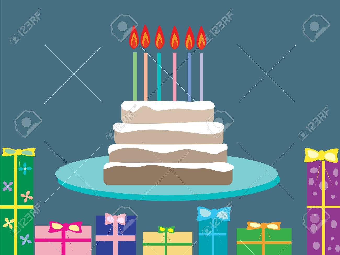 Gateau Cadeaux D Anniversaire Vacances Bougies De 6 Ans Alimentaire Invitation Postale Celebration Clip Art Libres De Droits Vecteurs Et Illustration Image