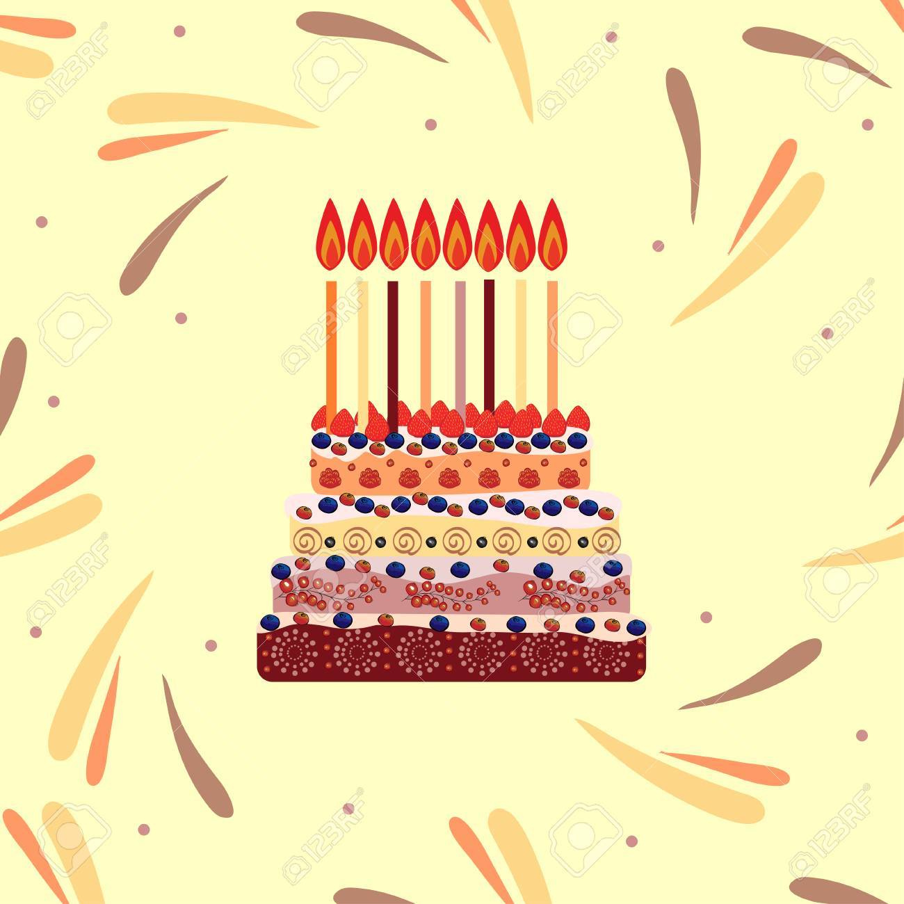 バースデー ケーキを 8 つのろうそく 8 年間 彼の誕生日の蝋燭とケーキ 休日および祭典のイラスト素材 ベクタ Image