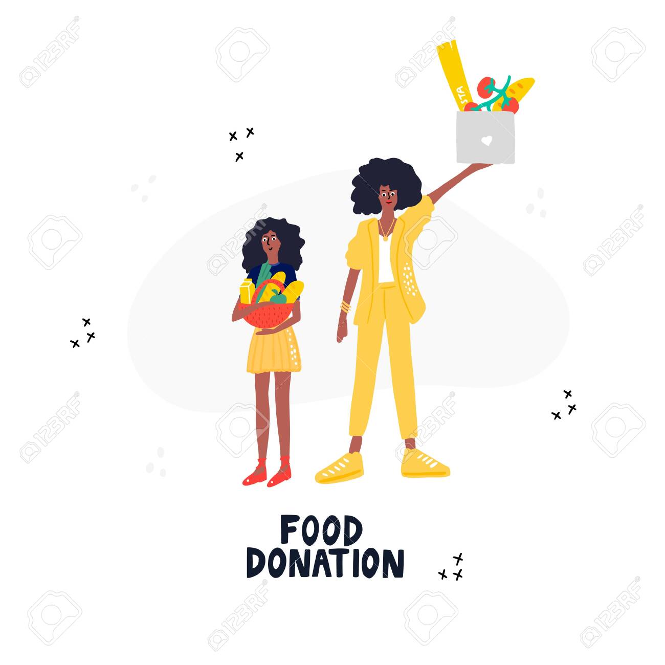 食品の寄付 手描きのベクトルイラスト 無料の食べ物でバスケットを持っているアフリカ系アメリカ人の家族 のイラスト素材 ベクタ Image