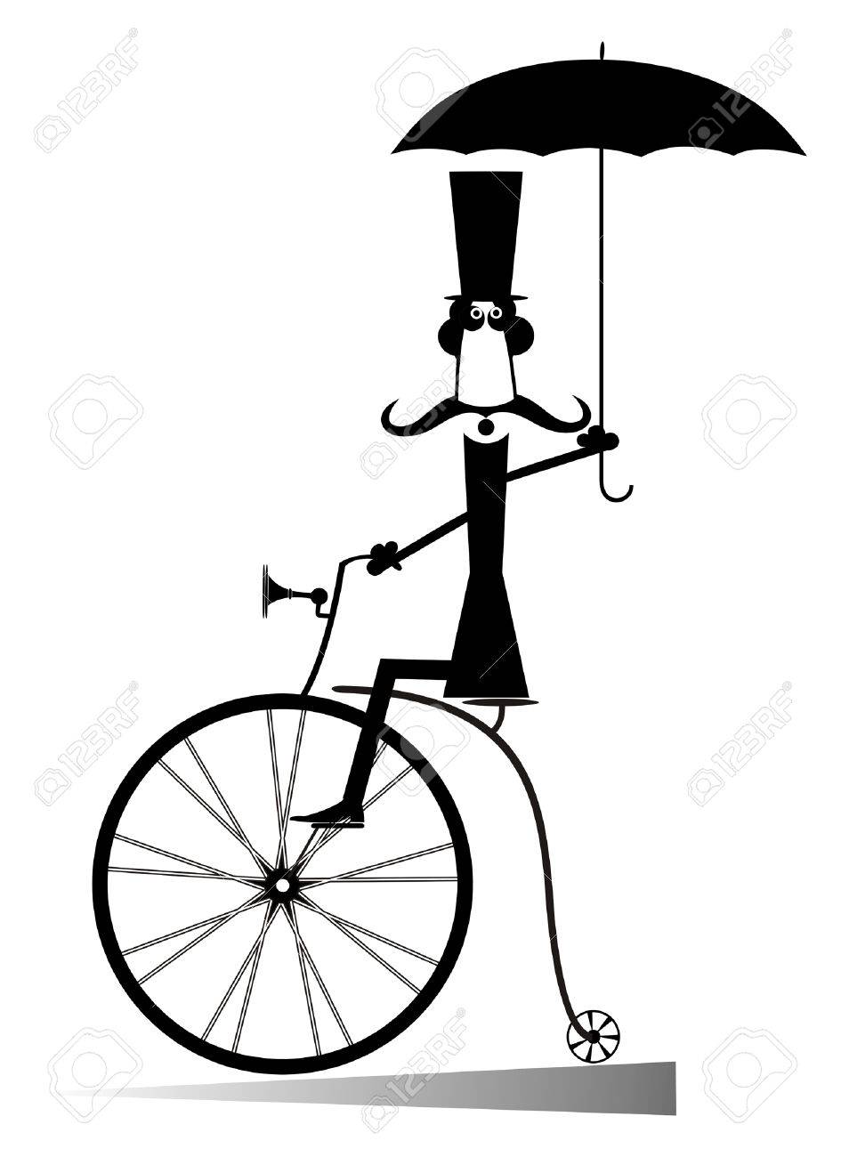 cartoon man rides a bike gentleman with moustaches top hat and
