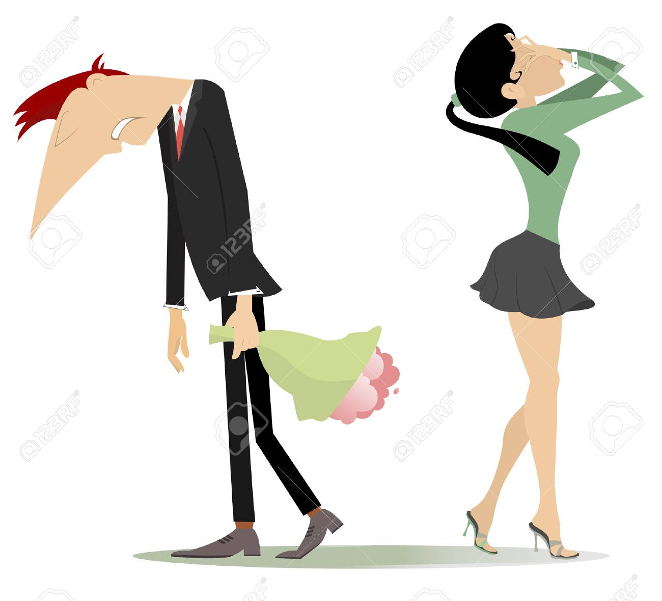 白いイラストで隔離された男女間のけんか 花束とぶら下がった頭を持つ動揺した男性は 顔に手を置く彼の欲求不満や泣いている女性によって拒否されます の イラスト素材 ベクタ Image
