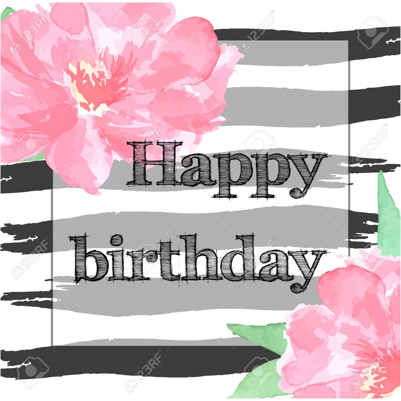 Carte D Anniversaire Heureuse De Pivoine Aquarelle Dessinees A La Main Coup De Pinceau Noir Clip Art Libres De Droits Vecteurs Et Illustration Image