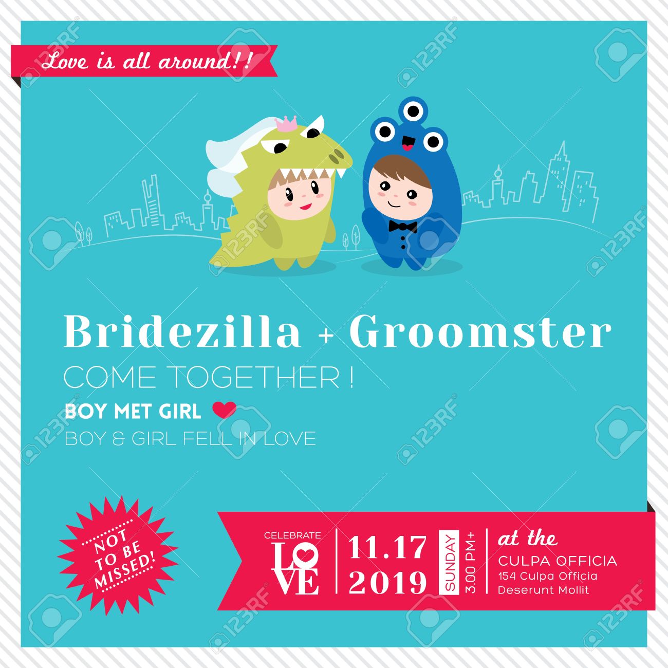 かわいい新郎モンスターとブライドジラ文字の結婚式の招待状のテンプレート のイラスト素材 ベクタ Image かわいい新郎モンスターとブライドジラ文字の結婚式の招待状のテンプレート のイラスト素材 ベクタ Image