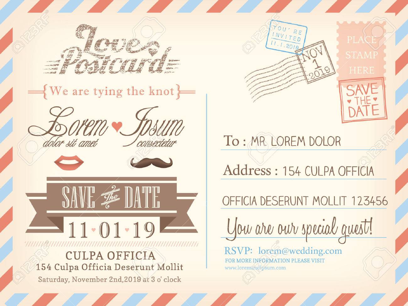 Vintage airmail postcard background template for wedding invitation.. Vintage airmail postcard background template for wedding invitation..
