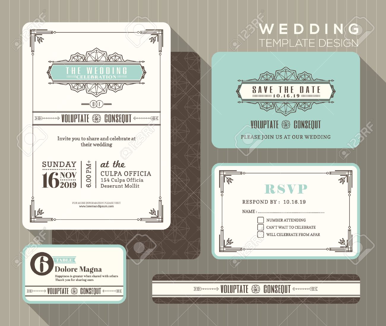 vintage art deco wedding invitation set design template place