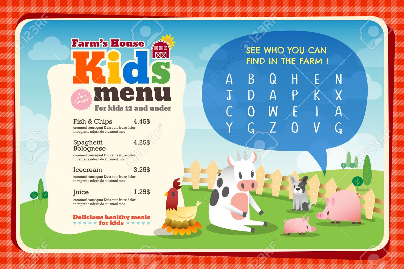 cute colorful kids meal menu placemat vector template with animals kids menu template free