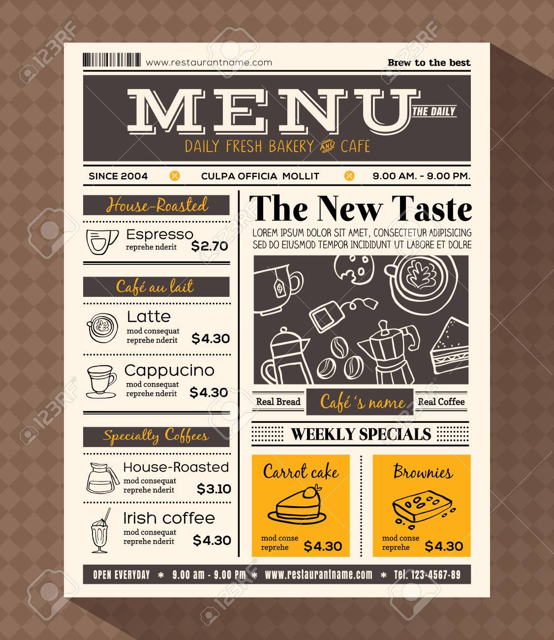 restaurant cafe menu design template in newspaper style royalty free