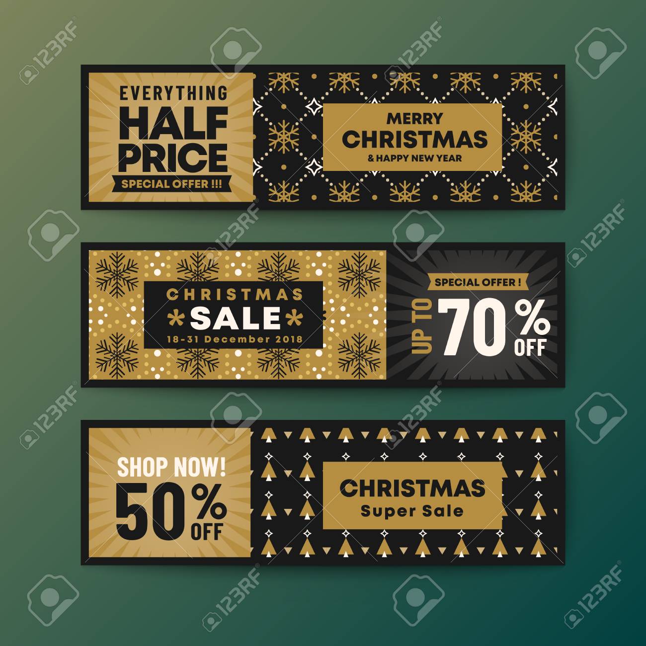 Set Of Gold Color Theme Christmas Web Banner With Snowflake