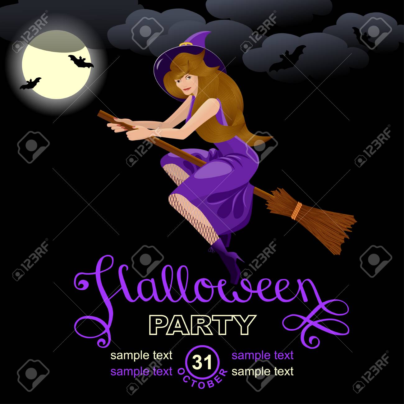 halloween party invitation card design template with witch