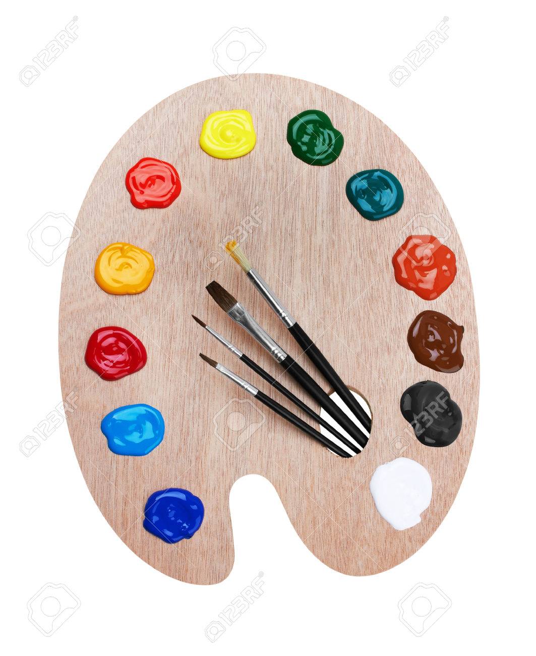 Wooden art palette with paints and brushes, isolated on white background - 48210203 Wooden art palette with paints and brushes, isolated on white background - 48210203