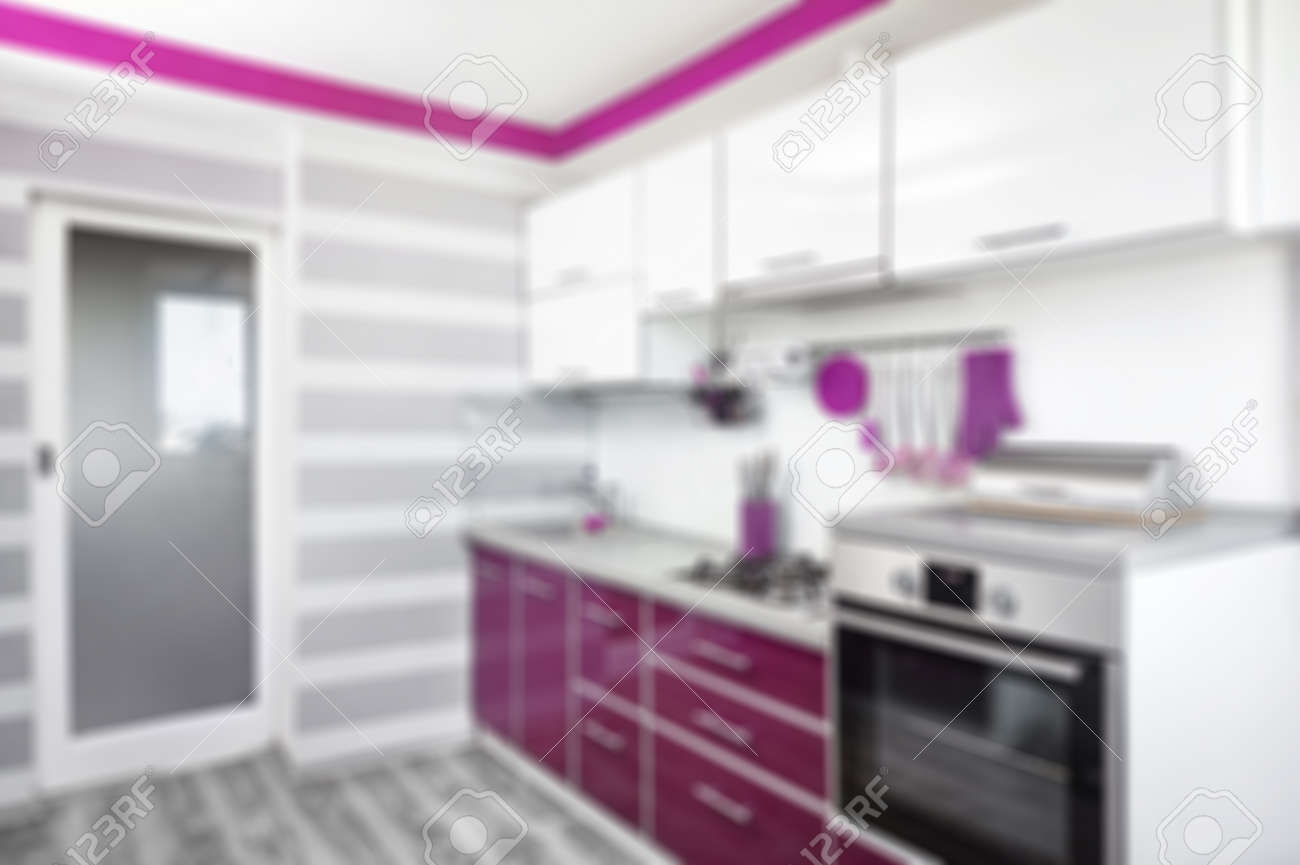 blurred kitchen interior in purple, white and gray colours. Trendy ultraviolet kitchen room design. Modern home interior - 128824478 blurred kitchen interior in purple, white and gray colours. Trendy ultraviolet kitchen room design. Modern home interior - 128824478