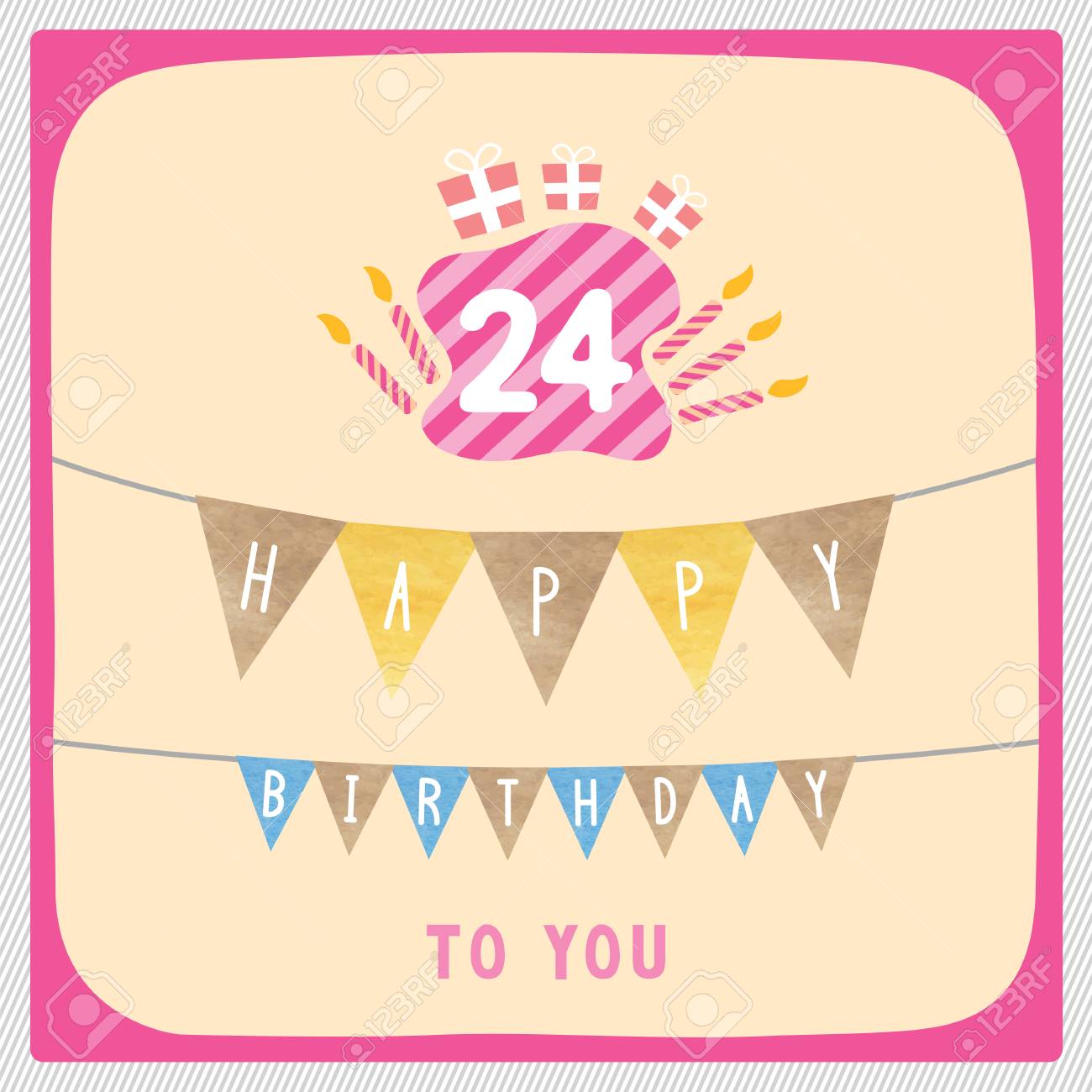 happy 24th birthday anniversary card with gift boxes and candles