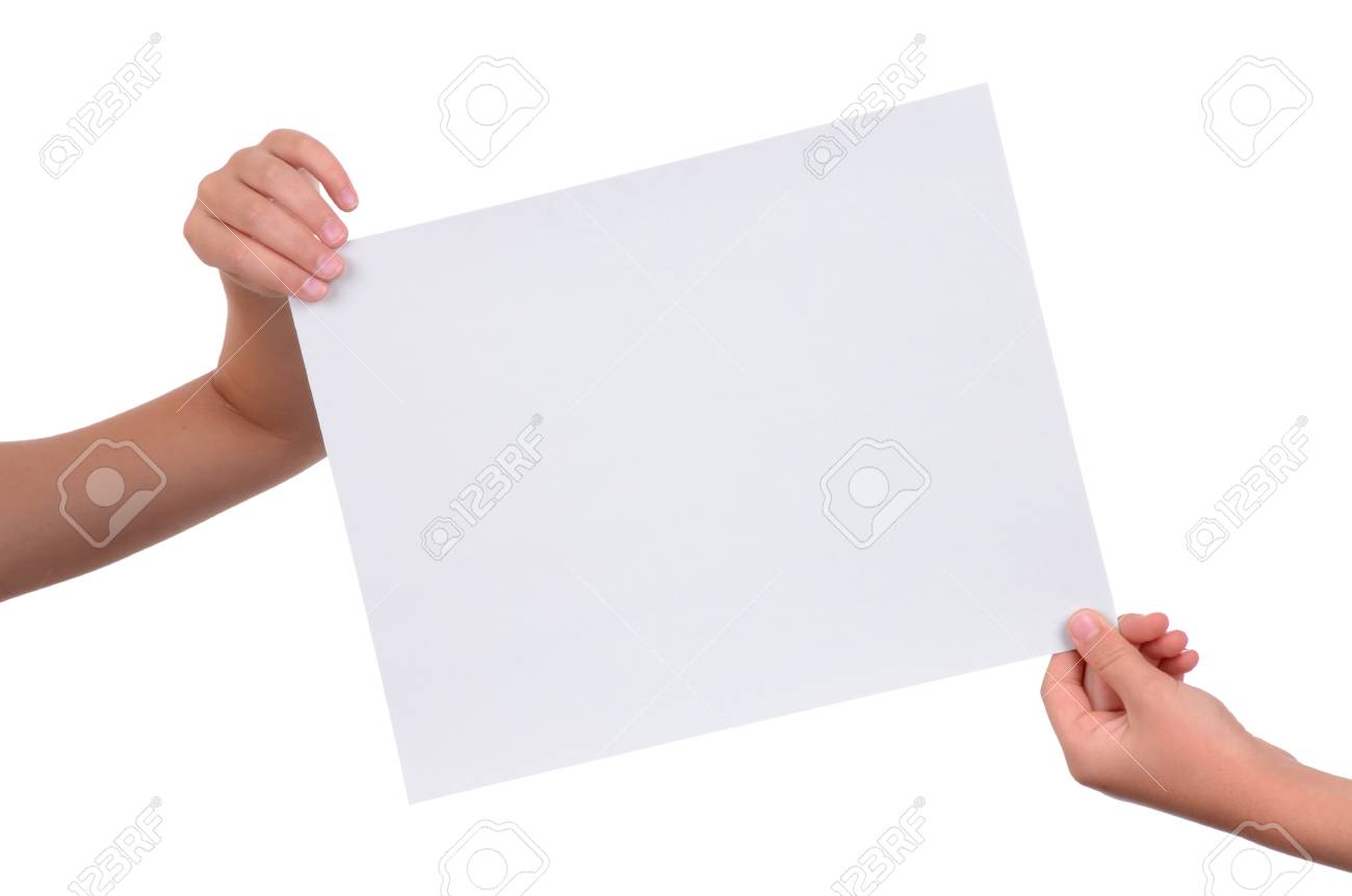 hands holding a blank piece of paper isolated on white background