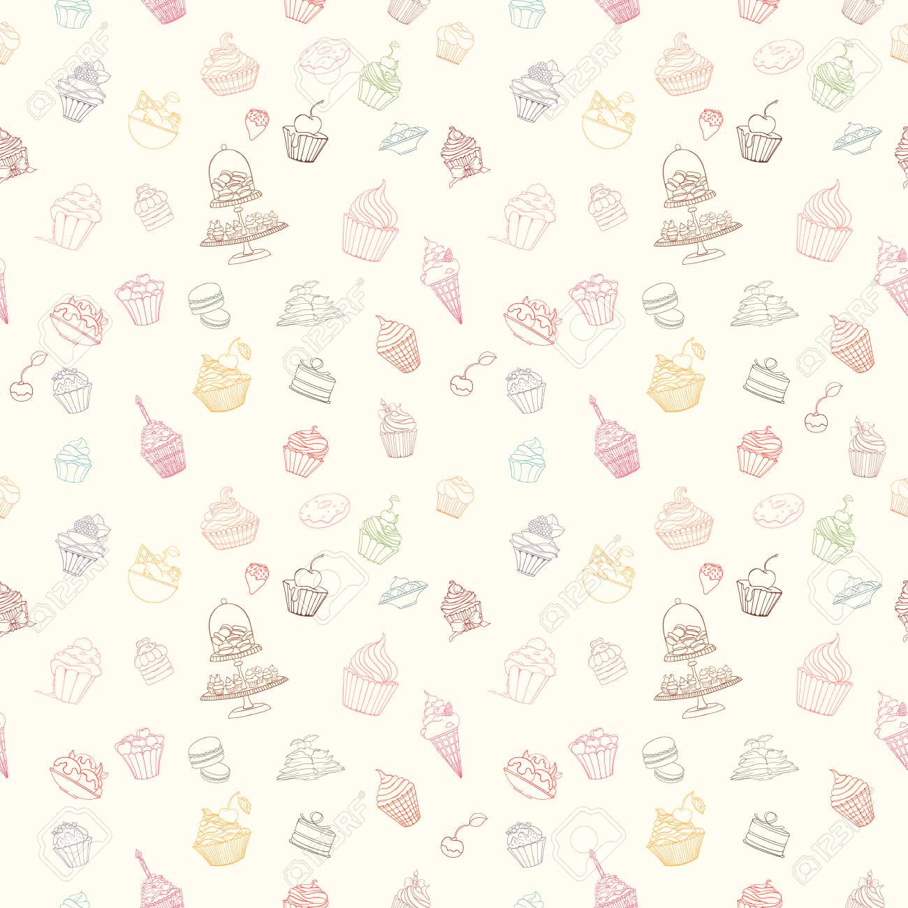 シームレスなカップケーキの手描きのパターン 壁紙 ホームページの壁紙 紙の招待状 チラシ バナー カバーの折り返しには スケッチ落書き甘い食べ物要素を使用できます のイラスト素材 ベクタ Image