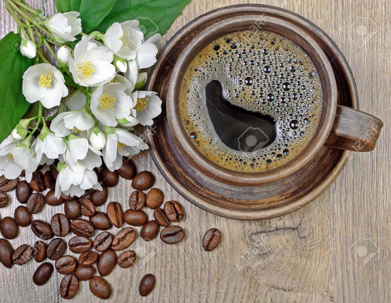 Good Morning Morning Coffee And Jasmine Flowers On A Wooden