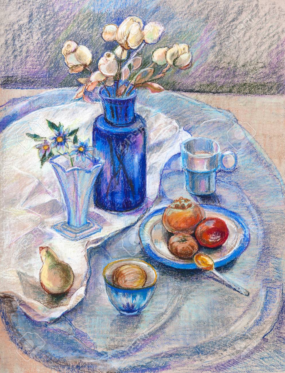 Nature Morte Avec Bouquet De Fleurs Séchées Dans Un Vase Bleu