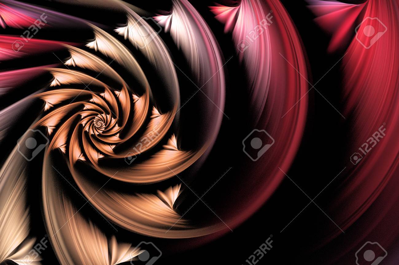 Fleur Exotique Abstrait Qui Brille Spirale Multicolore Sur Fond Noir Fractale Générée Par Ordinateur En Rouge Orange Gris Rose Et Beige