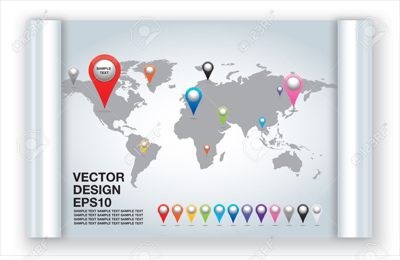 world map with set of map pins pointer icons royalty free cliparts