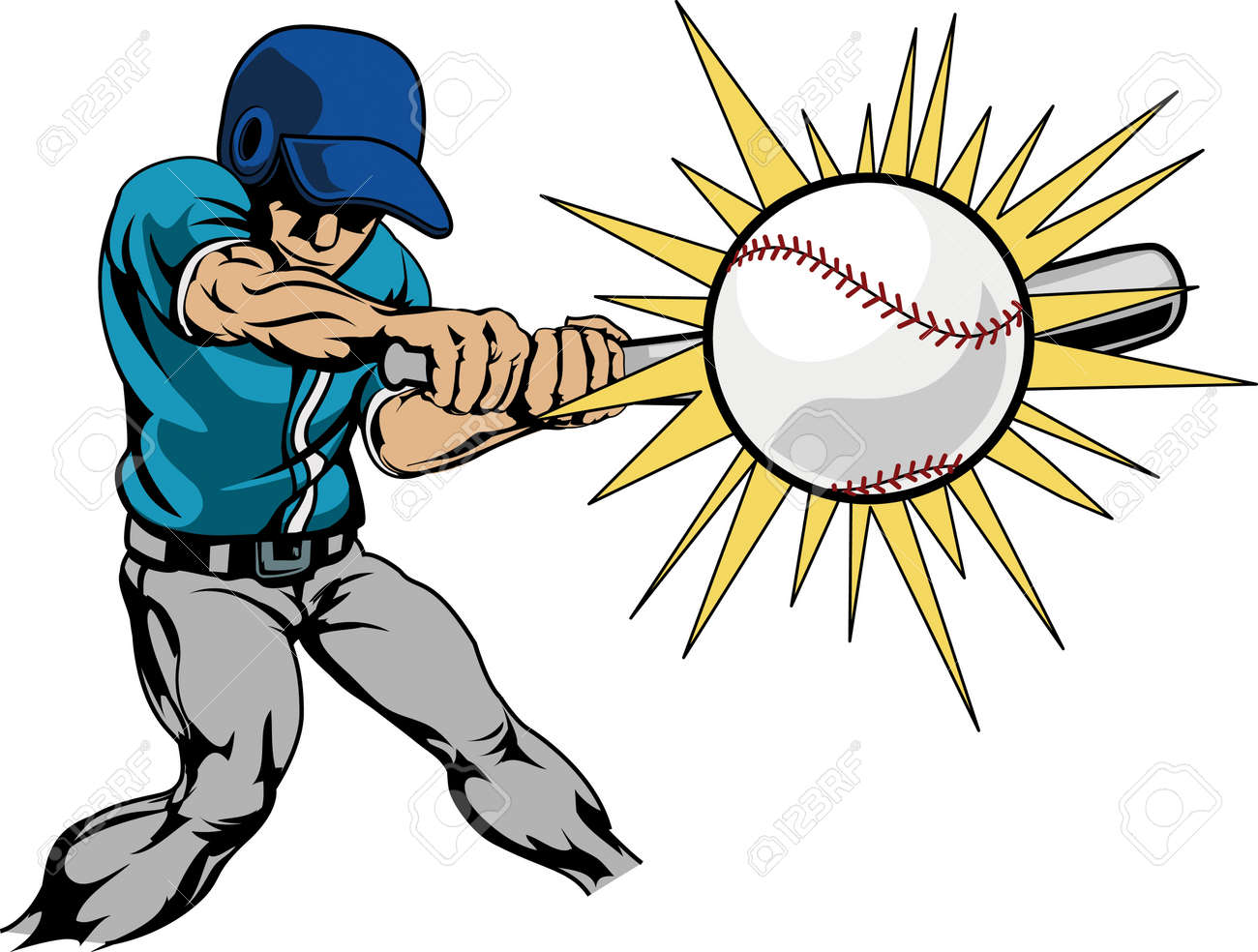Illustration of baseball player swinging bat to hit baseball Illustration of baseball player swinging bat to hit baseball