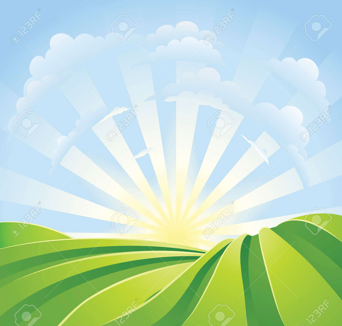 Illustration of idyllic green fields with sunshine rays and blue sky. A perfect landscape scene. - 8600699 Illustration of idyllic green fields with sunshine rays and blue sky. A perfect landscape scene. - 8600699