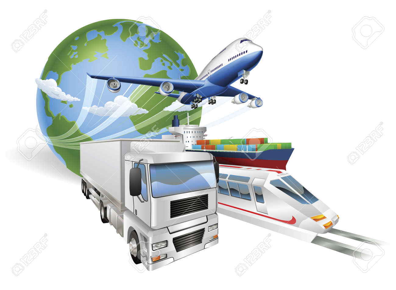 Global logistics concept illustration.. Globe, airplane (aeroplane), truck, train and cargo container ship. - 9584534 Global logistics concept illustration.. Globe, airplane (aeroplane), truck, train and cargo container ship. - 9584534