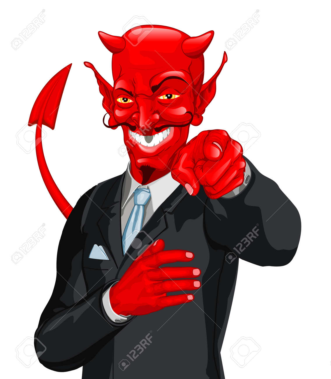 a devilish business man in a suit doing the classic finger point