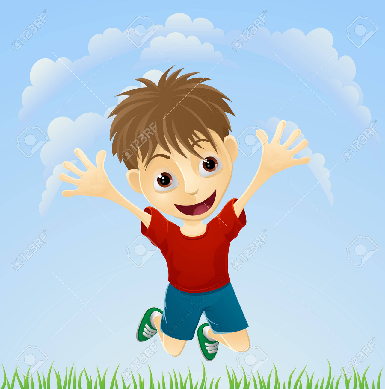 illustration of a young boy happily jumping the air with arms