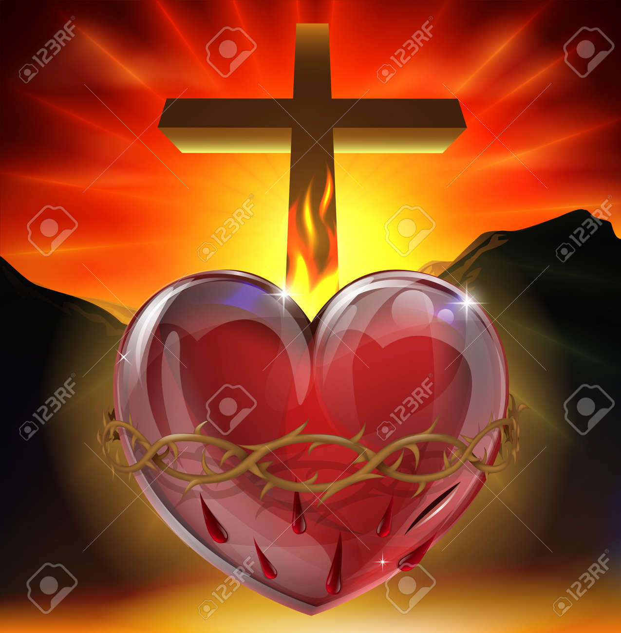 Illustration Der Christlichen Symbol Des Heiligen Herzens Ein Leuchtendes Herz Mit Gottlichem Licht Mit Dornenkrone Lanze Wunde Und Flamme Reprasentiert Gottliche Liebe Lizenzfrei Nutzbare Vektorgrafiken Clip Arts Illustrationen Image 14052158