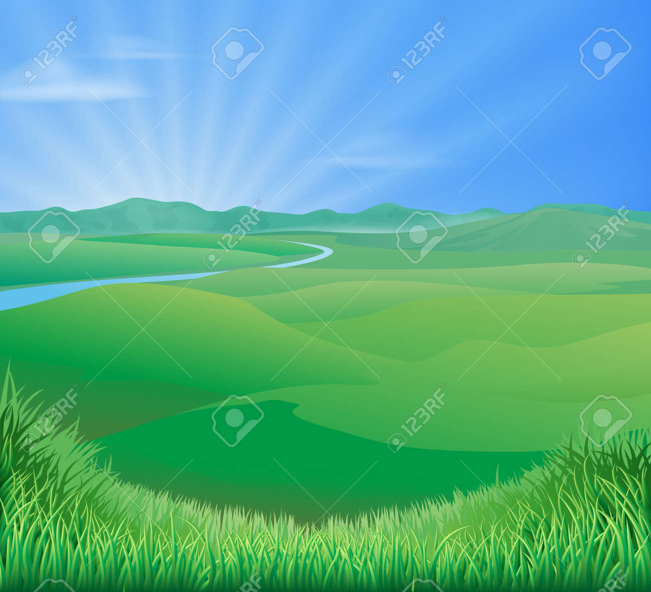 An idyllic rural landscape illustration with rolling green grass hills and a sun rising over mountains - 14366698 An idyllic rural landscape illustration with rolling green grass hills and a sun rising over mountains - 14366698