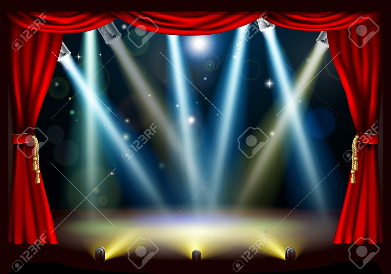 Un Centro De Atencion De Teatro Escenario Con Luces De Colores Y Cortinas De Color Rojo Telon Ilustraciones Vectoriales Clip Art Vectorizado Libre De Derechos Image 14563943