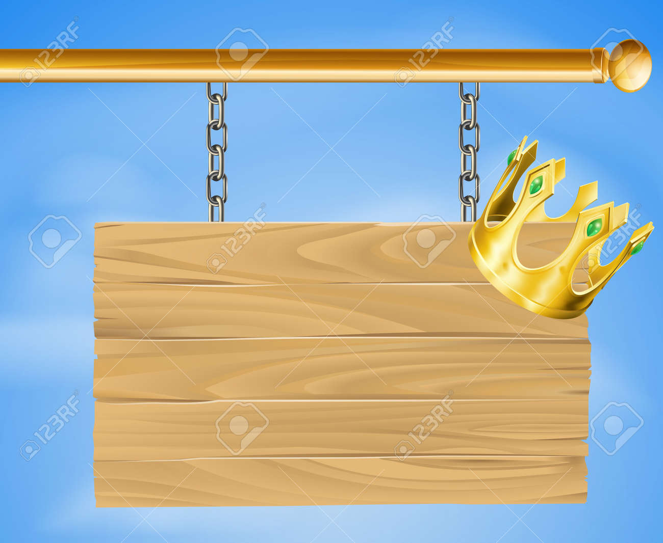 それの上の金の王冠を持つ木製のつり看板のイラストのイラスト素材 ベクタ Image それの上の金の王冠を持つ木製のつり看板のイラストのイラスト素材 ベクタ Image