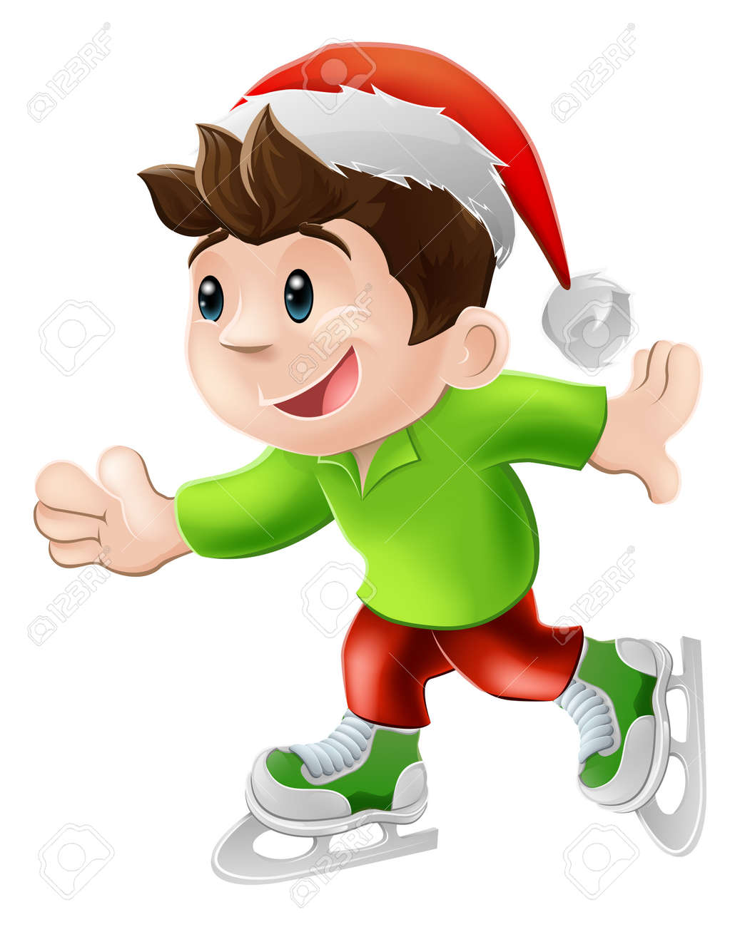 幸せな若い男性または男の子を持つとクリスマス サンタ帽子のアイス スケートの漫画イラストのイラスト素材 ベクタ Image