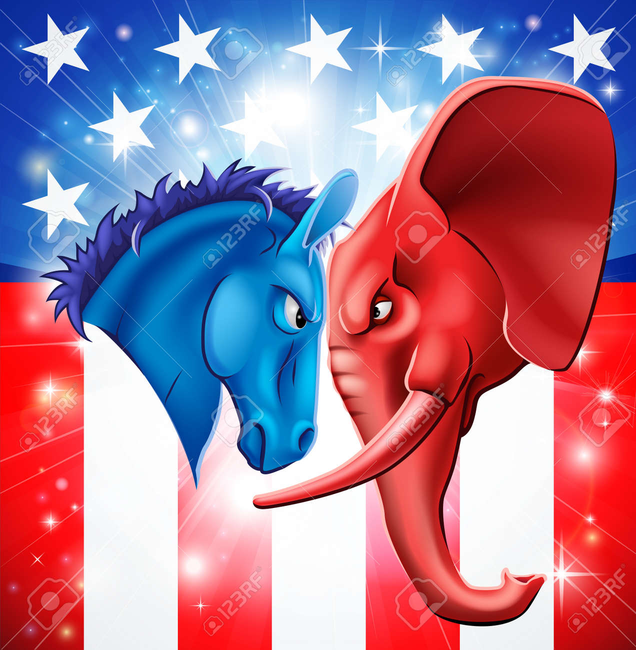 american politics concept illustration of a donkey and elephant