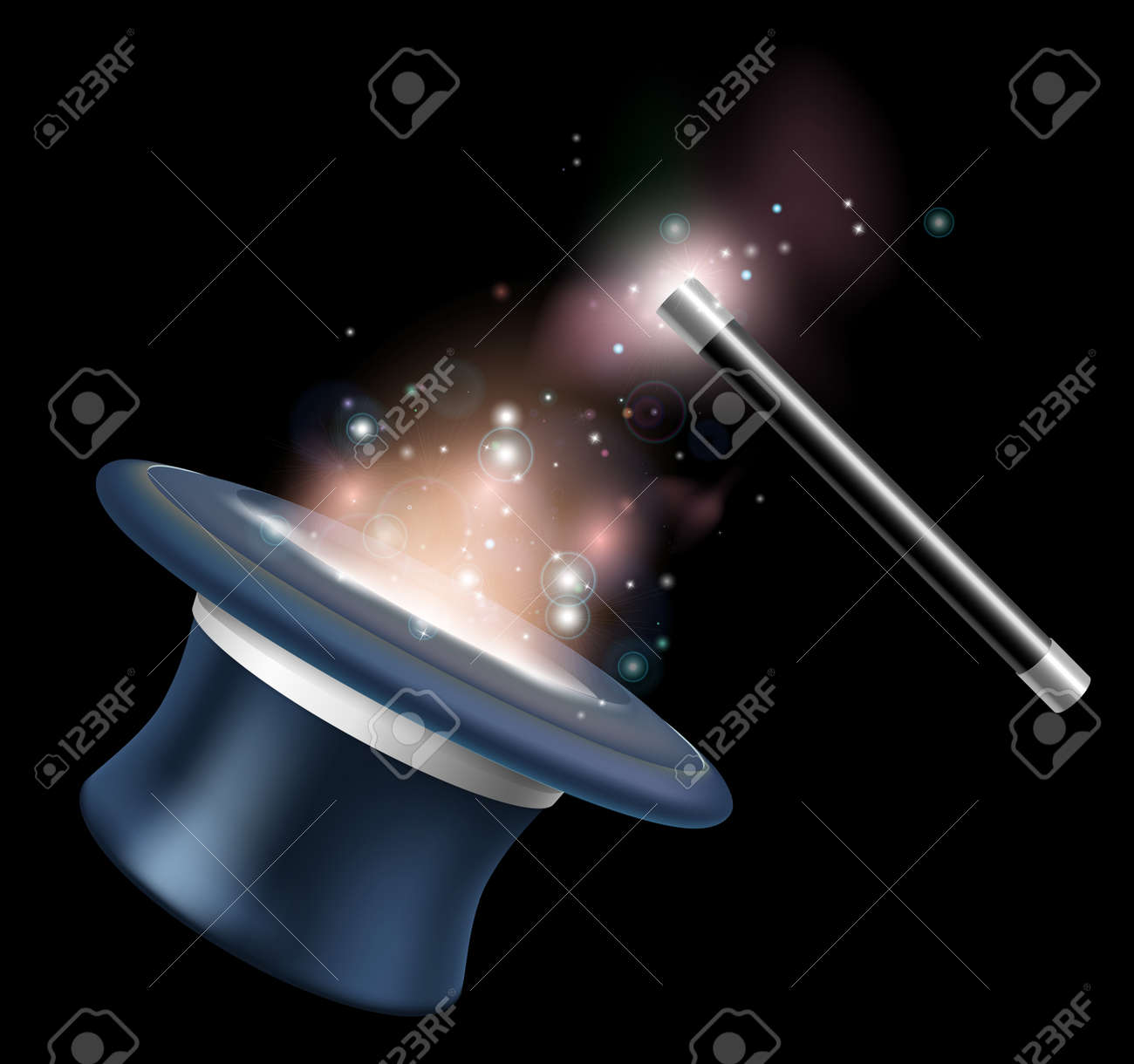 魔法のトップハットと星と彼らの周りに浮かぶ光の形で魔法の魔法の杖イラストのイラスト素材 ベクタ Image 魔法のトップハットと星と彼らの周りに浮かぶ光の形で魔法の魔法の杖イラストのイラスト素材 ベクタ Image