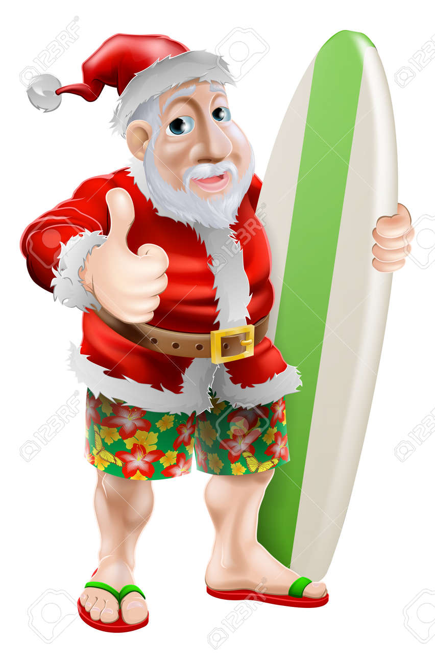 Una Ilustración De Papá Noel En Chancletas O Sandalias De Playa Pantalones Cortos Bordo La Celebración De Una Tabla De Surf Y Haciendo Un Pulgar Hacia Arriba Ilustraciones Svg, Vectoriales,