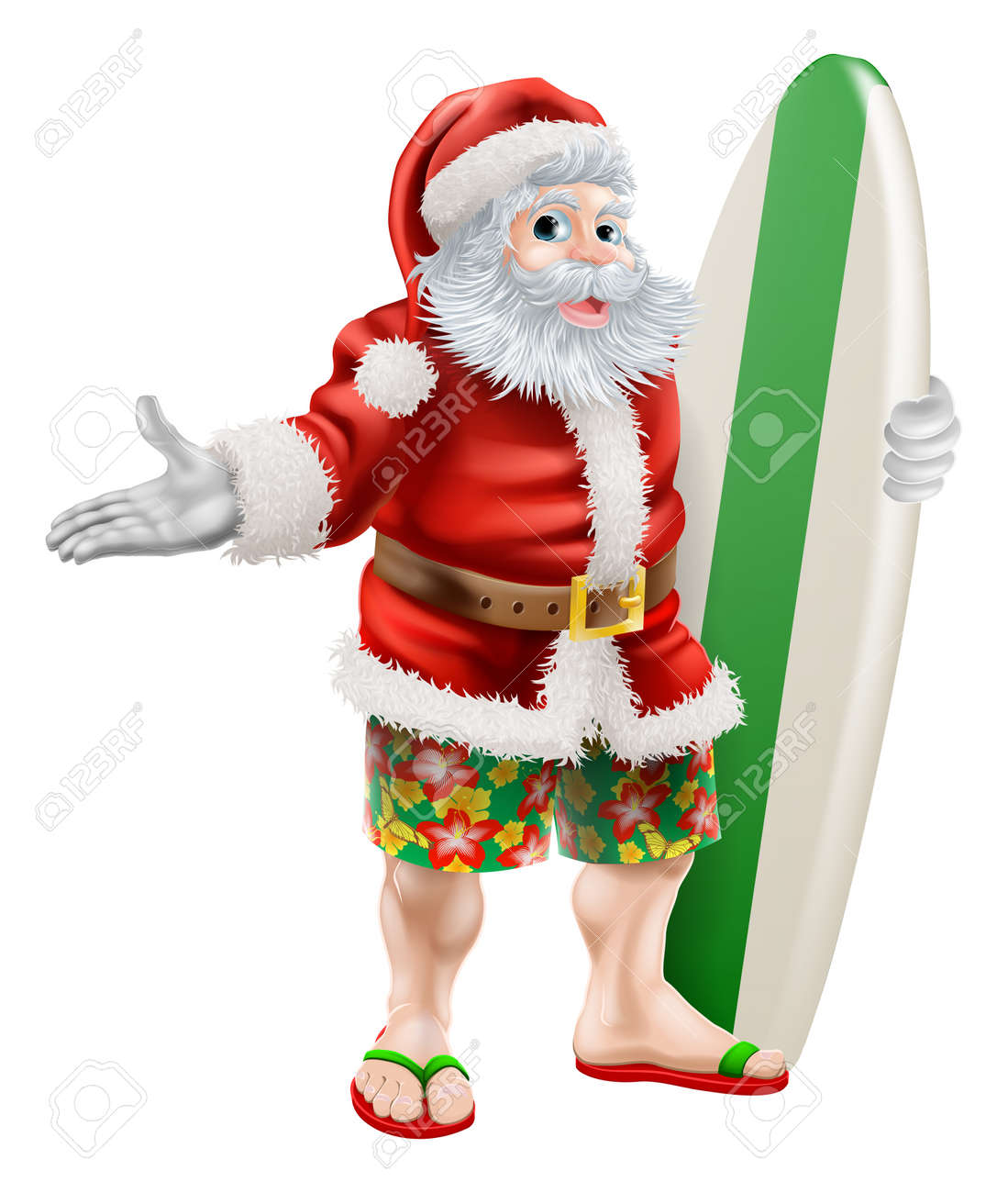 Una Ilustración De Una Historieta Santa En La Playa Pantalones Cortos Sosteniendo Una Tabla De Surf Ilustraciones Svg, Vectoriales, Clip Art Vectorizado Libre Derechos. Image 16520348.