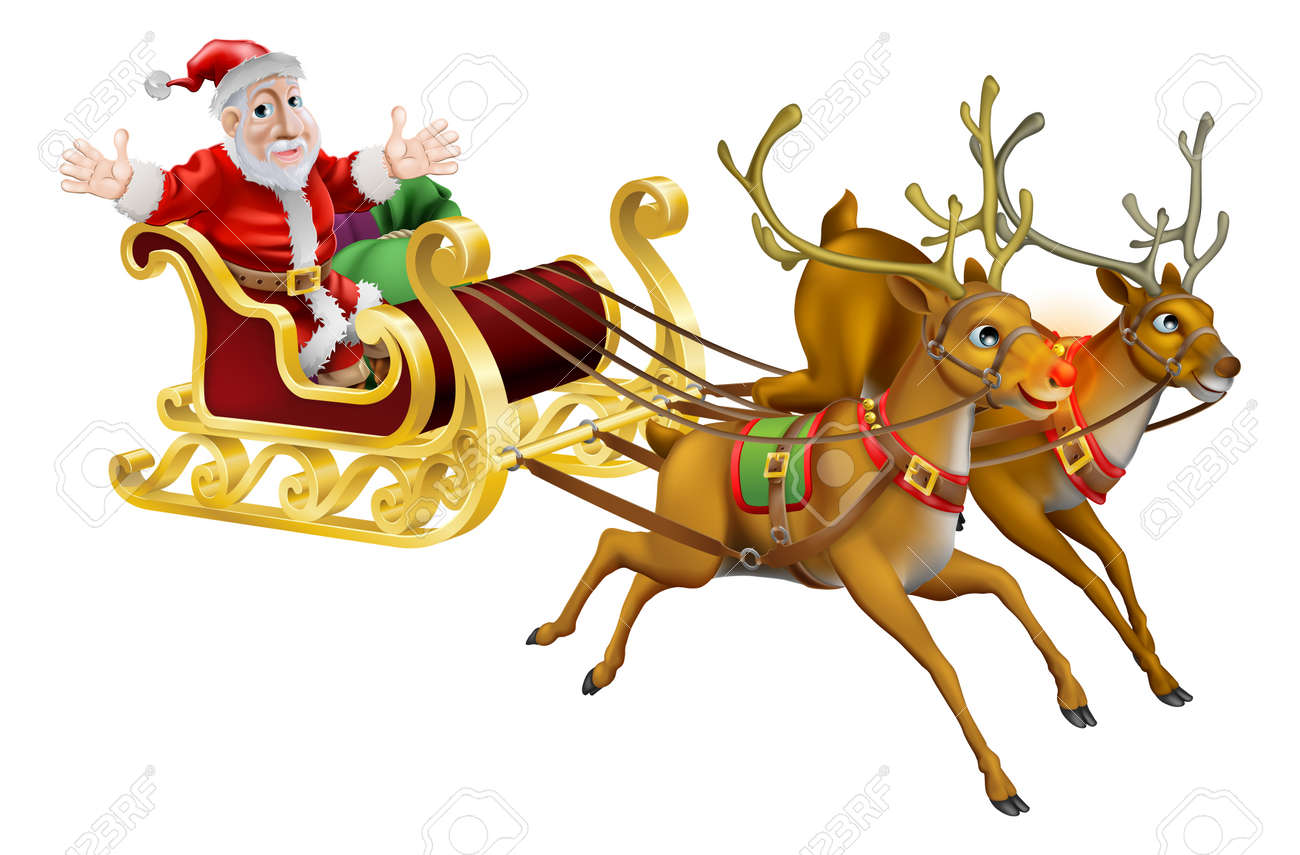illustration of santa claus in his christmas sled being pulled by red nosed reindeer stockfoto - Christmas Sled illustration of santa claus in his christmas sled being pulled by red nosed reindeer stockfoto - Christmas Sled