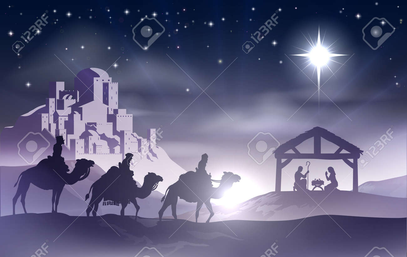 Christmas Christian nativity scene with baby Jesus in the manger in silhouette, three wise men or kings and star of Bethlehem with the city of Bethlehem in the distance - 22951477 Christmas Christian nativity scene with baby Jesus in the manger in silhouette, three wise men or kings and star of Bethlehem with the city of Bethlehem in the distance - 22951477