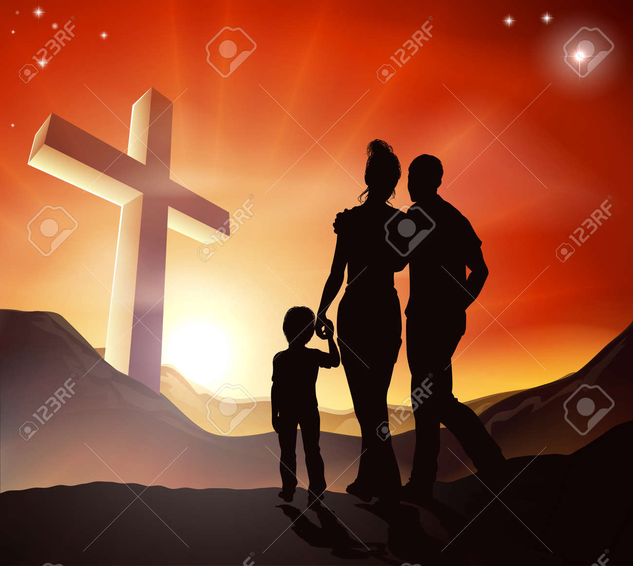 una familia cristiana a caminar hacia el centro de un paisaje de