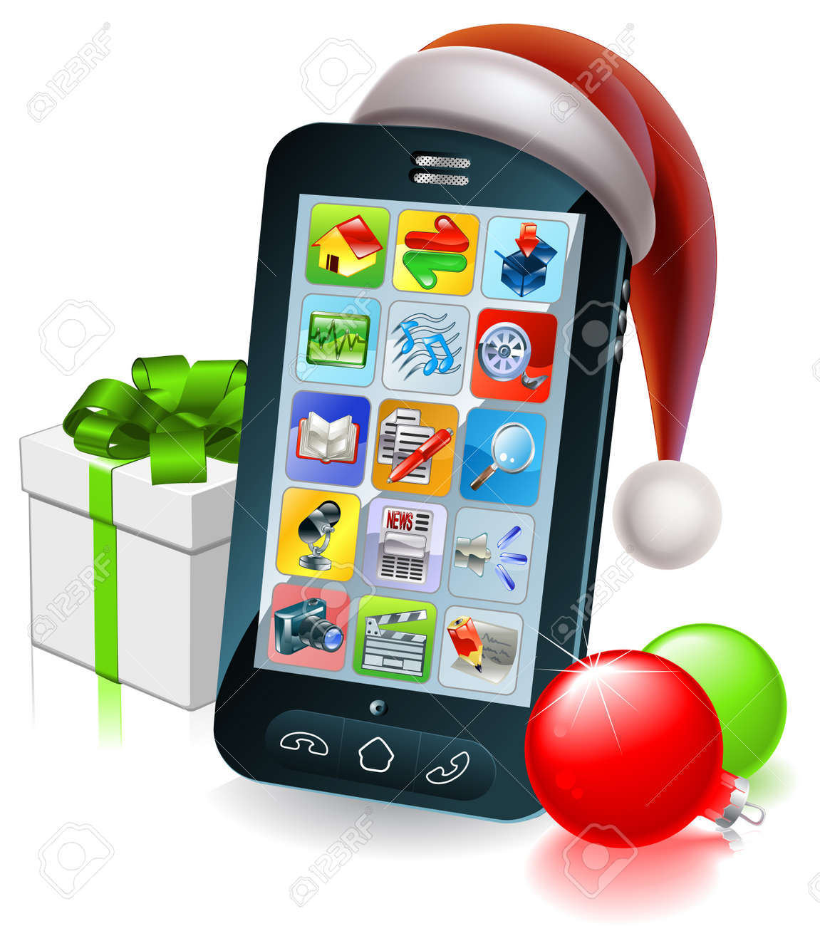 Ein Mobiles Handy Mit Einer Weihnachtsmannmutze Und Christbaumkugeln Und Geschenk Mit Schleife Lizenzfrei Nutzbare Vektorgrafiken Clip Arts Illustrationen Image