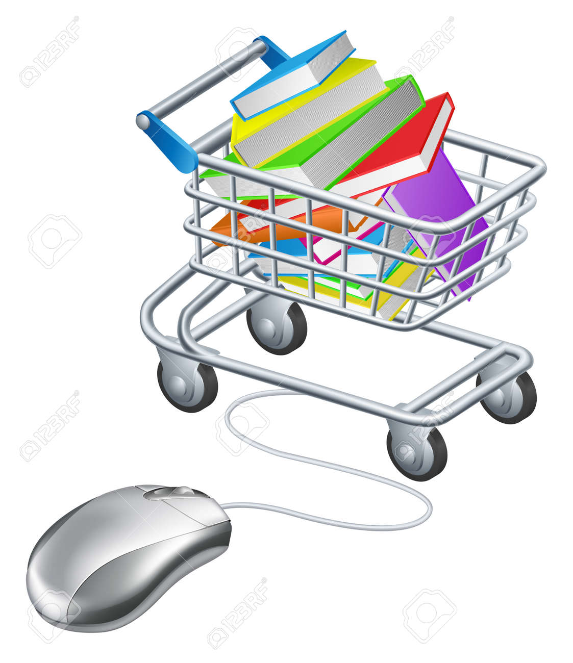 Books in a shopping trolley or cart connected to computer mouse, concept for online education or shopping for books on the internet - 27225705 Books in a shopping trolley or cart connected to computer mouse, concept for online education or shopping for books on the internet - 27225705