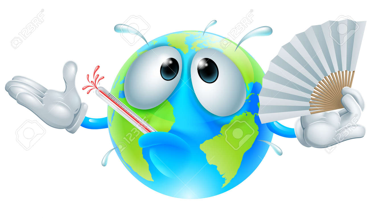 発汗 手うちわを扇ぎ 温度計の破裂 発熱を伴う非常に熱い地球文字の地球温暖化の概念のイラスト素材 ベクタ Image